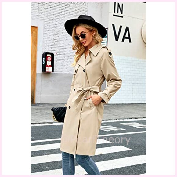Double Breasted Long Trench Coat Windproof Lapel Slim Overcoat with Belt - Picture 2 of 7